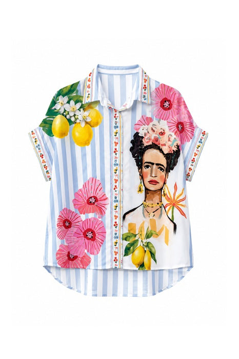 Bluse Polyester/Leinen kurzarm Frida Kahlo "Love" - One Size
