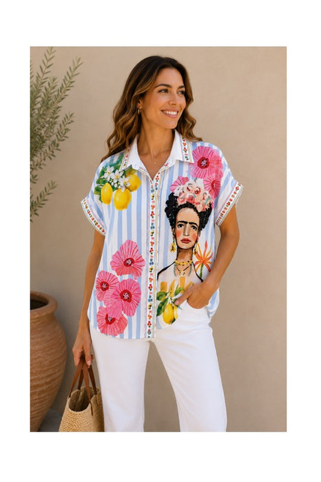 Bluse Polyester/Leinen kurzarm Frida Kahlo "Love" - One Size