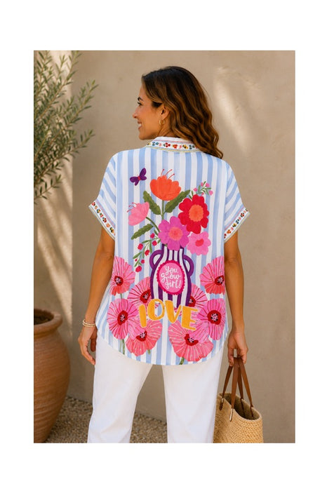 Bluse Polyester/Leinen kurzarm Frida Kahlo "Love" - One Size
