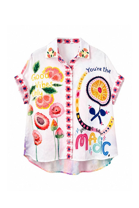 Bluse Polyester/Leinen kurzarm Frida Kahlo "Good Vibes only - you are magic" - One Size