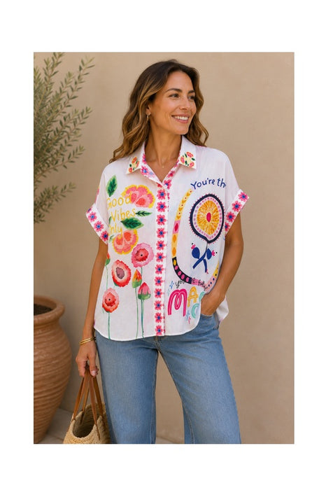Bluse Polyester/Leinen kurzarm Frida Kahlo "Good Vibes only - you are magic" - One Size
