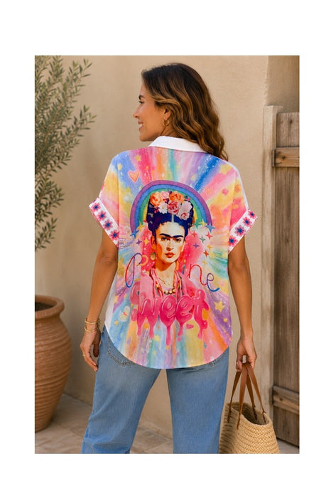 Bluse Polyester/Leinen kurzarm Frida Kahlo "Good Vibes only - you are magic" - One Size