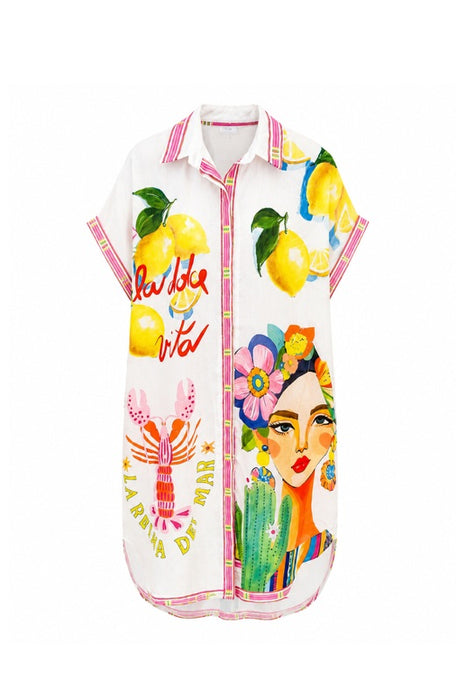 Blusenkleid Polyester/Leinen kurzarm Frida Kahlo "La dolce vita" - One Size