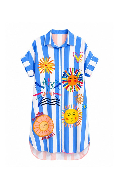 Blusenkleid Polyester/Leinen kurzarm gestreift "Hello sunshine" - One Size