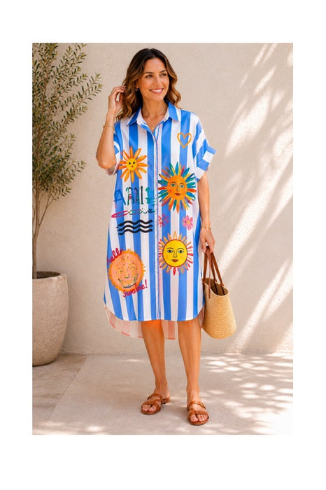 Blusenkleid Polyester/Leinen kurzarm gestreift "Hello sunshine" - One Size