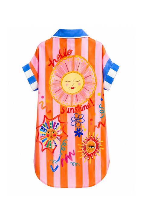 Blusenkleid Polyester/Leinen kurzarm gestreift "Hello sunshine" - One Size