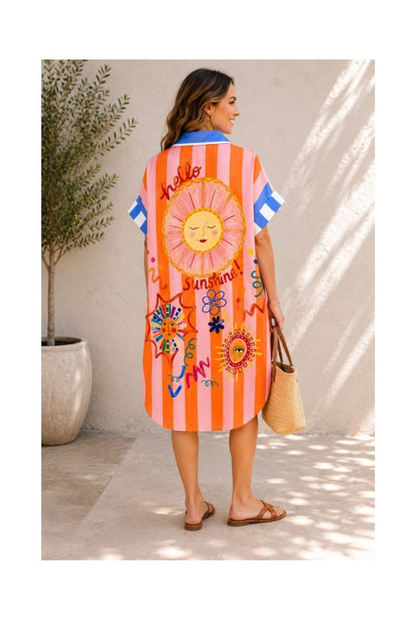 Blusenkleid Polyester/Leinen kurzarm gestreift "Hello sunshine" - One Size