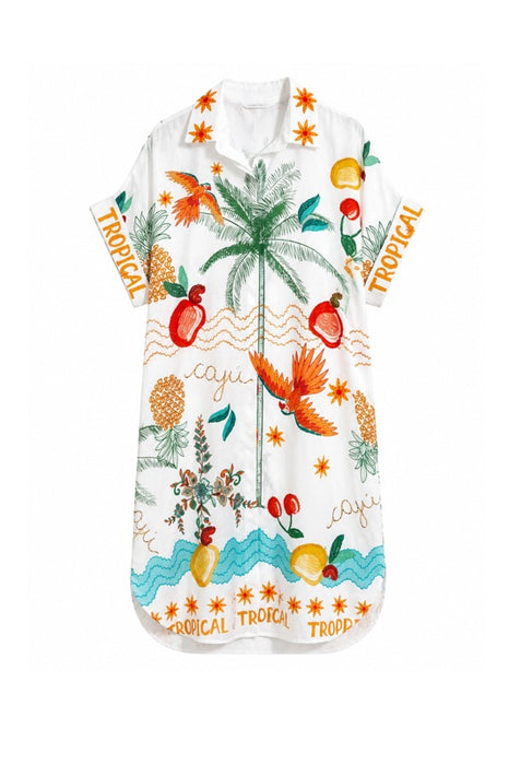 Blusenkleid Polyester/Leinen kurzarm "Palme und Papagei - Tropical" - One Size