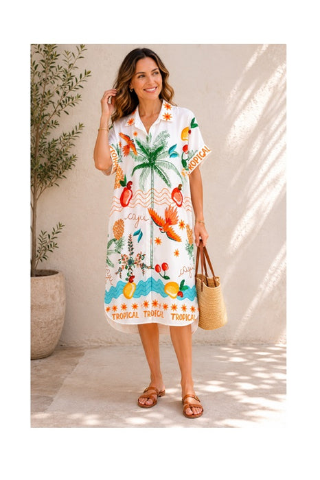 Blusenkleid Polyester/Leinen kurzarm "Palme und Papagei - Tropical" - One Size