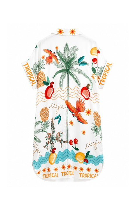 Blusenkleid Polyester/Leinen kurzarm "Palme und Papagei - Tropical" - One Size