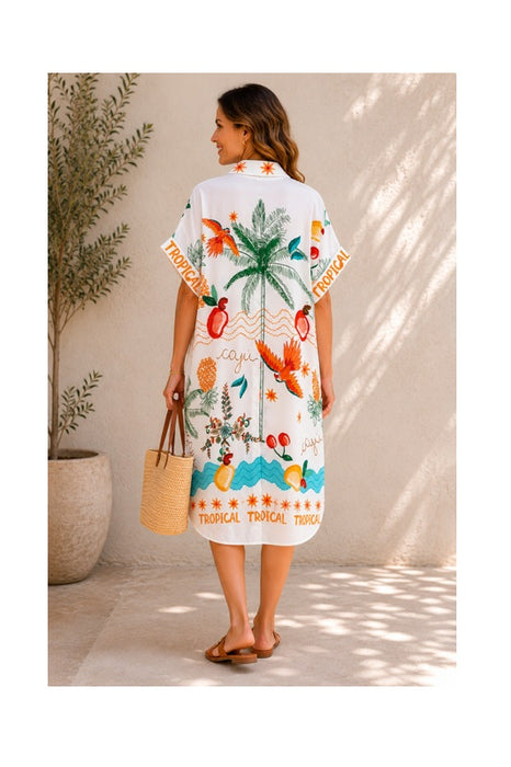 Blusenkleid Polyester/Leinen kurzarm "Palme und Papagei - Tropical" - One Size
