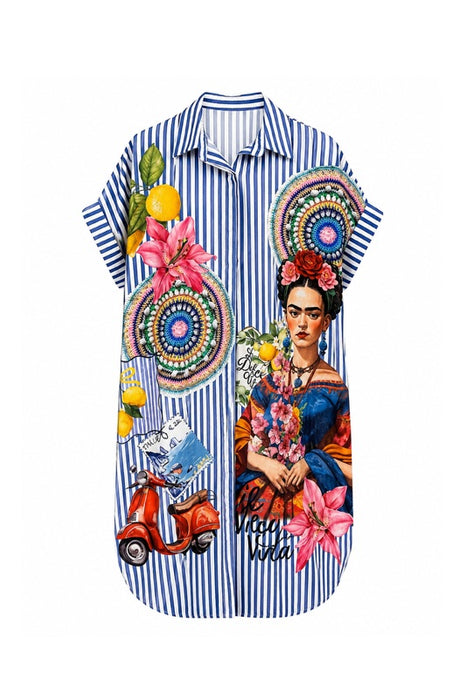 Blusenkleid Polyester/Leinen kurzarm Frida Kahlo "La dolce vita" - One Size