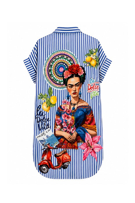 Blusenkleid Polyester/Leinen kurzarm Frida Kahlo "La dolce vita" - One Size