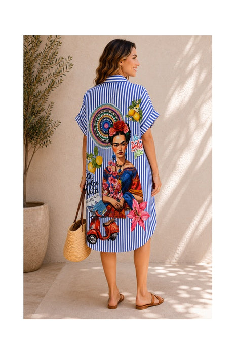 Blusenkleid Polyester/Leinen kurzarm Frida Kahlo "La dolce vita" - One Size
