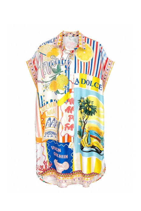 Blusenkleid Polyester/Leinen kurzarm Tropics und "La dolce" gemustert - One Size