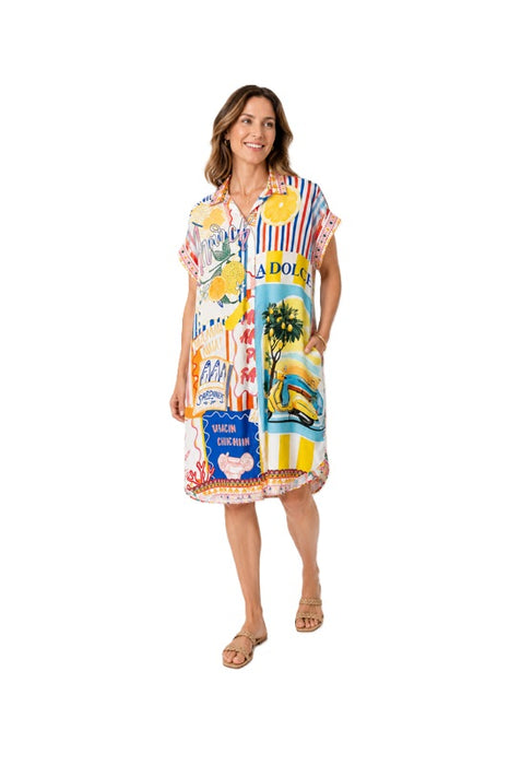 Blusenkleid Polyester/Leinen kurzarm Tropics und "La dolce" gemustert - One Size