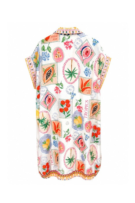Blusenkleid Polyester/Leinen kurzarm Tropics und "La dolce" gemustert - One Size