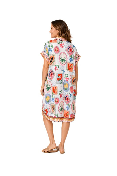 Blusenkleid Polyester/Leinen kurzarm Tropics und "La dolce" gemustert - One Size