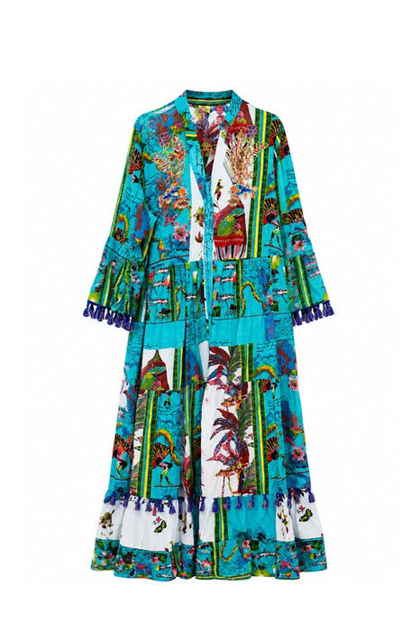 Dress, long, cotton, turquoise/white/multicolor - One Size