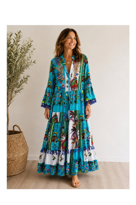 Dress, long, cotton, turquoise/white/multicolor - One Size