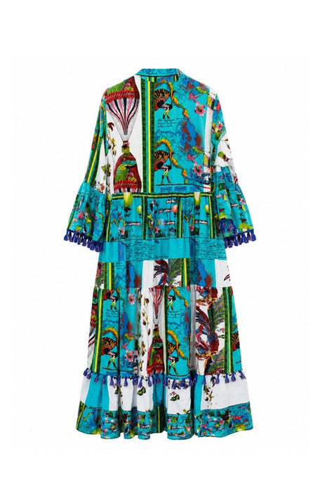 Dress, long, cotton, turquoise/white/multicolor - One Size