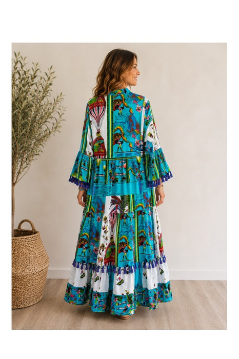 Dress, long, cotton, turquoise/white/multicolor - One Size