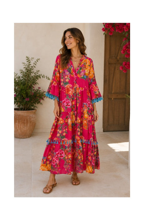 Kleid Baumwolle lang rot/orange/multicolor - One Size