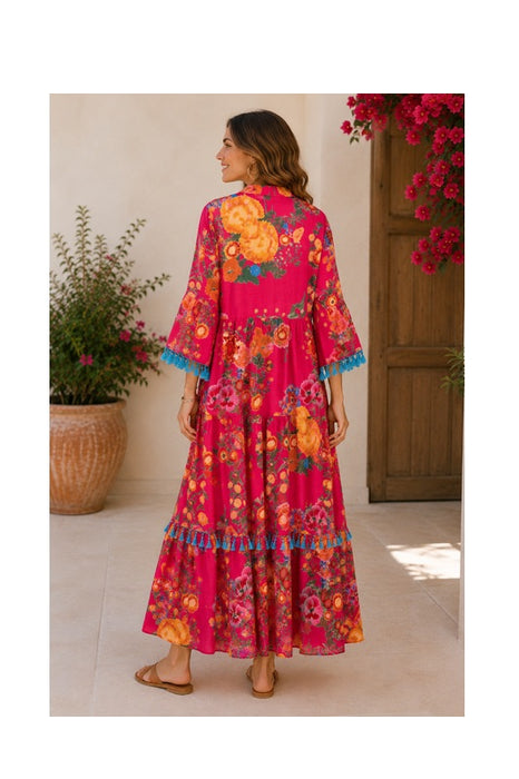 Kleid Baumwolle lang rot/orange/multicolor - One Size