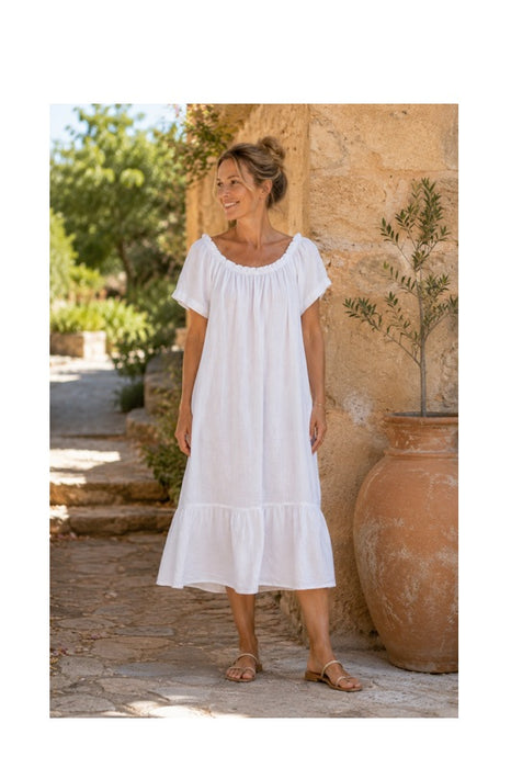 Long linen dress with flounce white - One Size