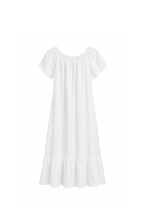 Long linen dress with flounce white - One Size