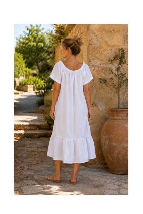 Long linen dress with flounce white - One Size