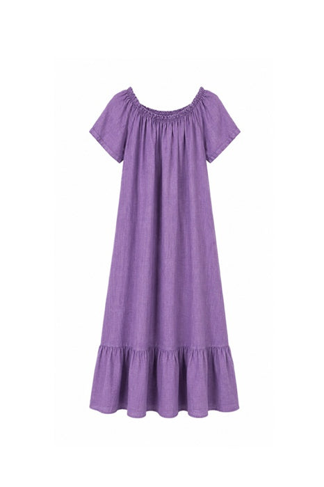 Linen Dress Long with Flounce Purple - One Size