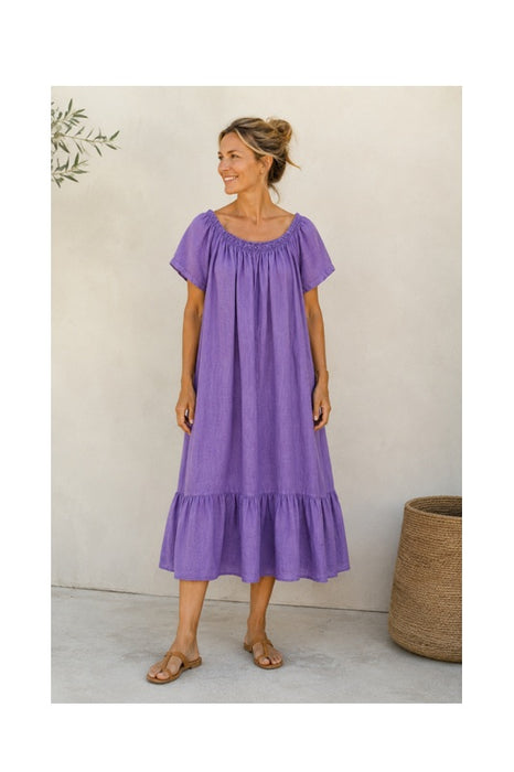 Linen Dress Long with Flounce Purple - One Size