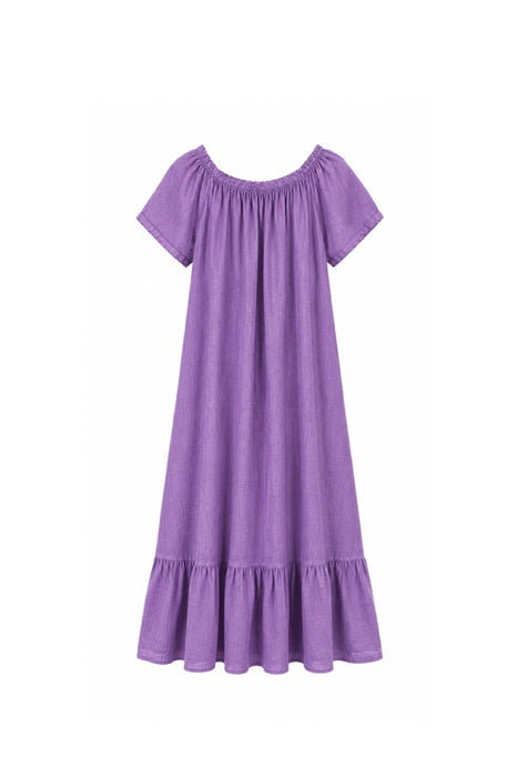Linen Dress Long with Flounce Purple - One Size