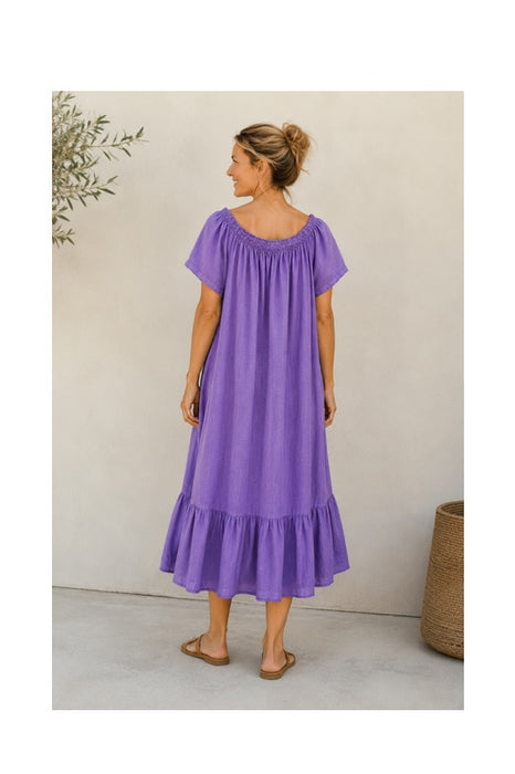 Linen Dress Long with Flounce Purple - One Size