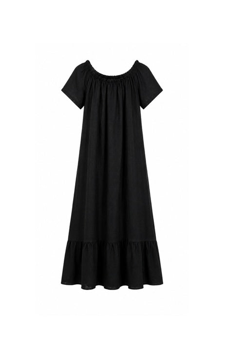 Long linen dress with flounce in black - One Size