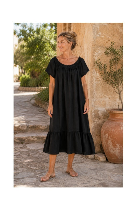 Long linen dress with flounce in black - One Size