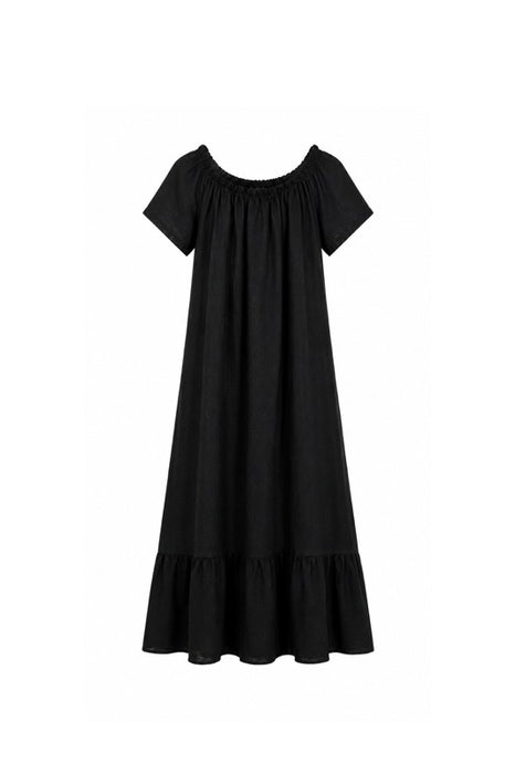 Long linen dress with flounce in black - One Size