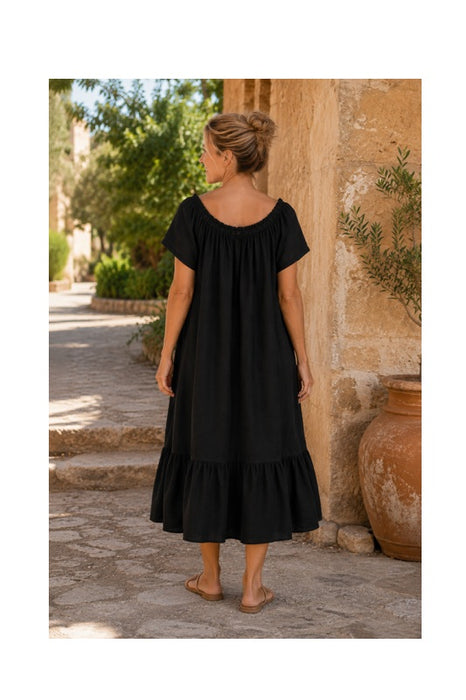 Long linen dress with flounce in black - One Size