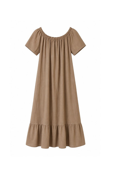 Long Linen Dress with Ruffle Camel - One Size