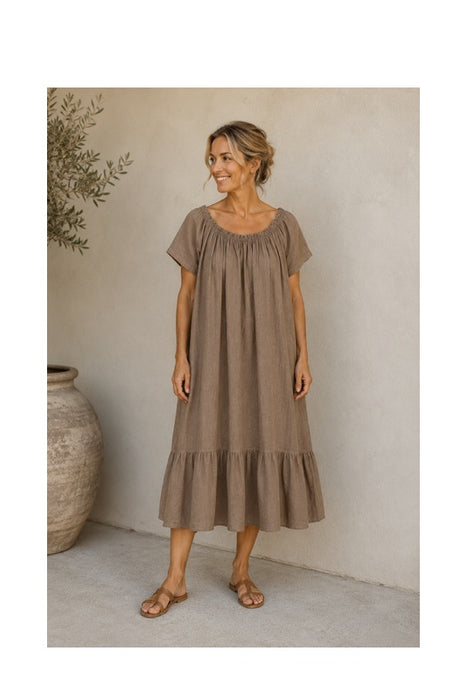 Long Linen Dress with Ruffle Camel - One Size