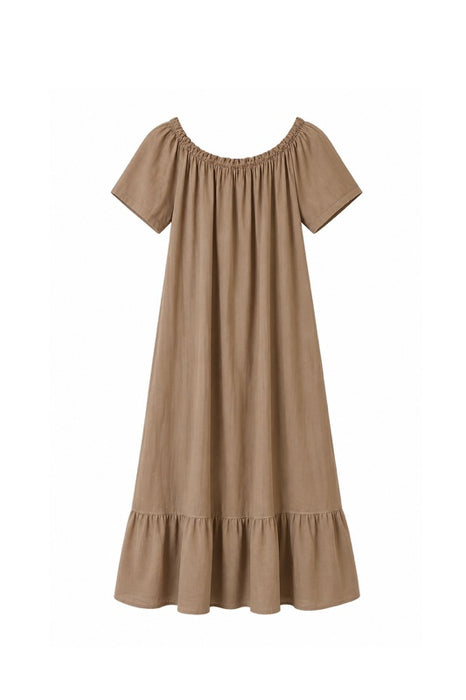 Long Linen Dress with Ruffle Camel - One Size