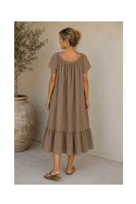 Long Linen Dress with Ruffle Camel - One Size