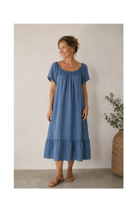 Long linen dress with flounce in aqua blue - One Size