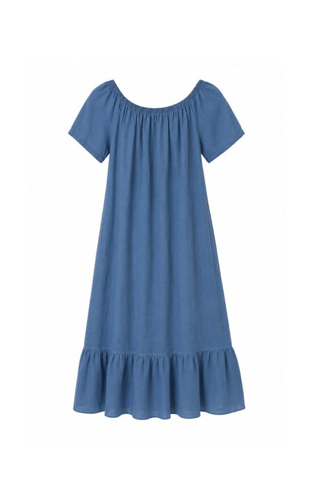 Long linen dress with flounce in aqua blue - One Size