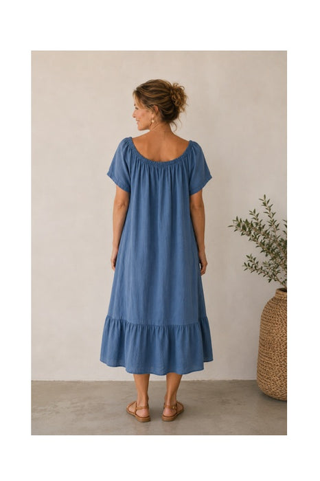 Long linen dress with flounce in aqua blue - One Size