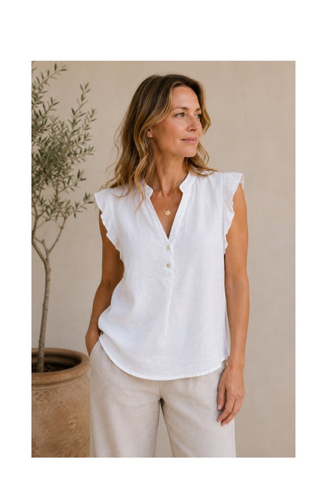 Linen Blouse Short Sleeve White - One Size