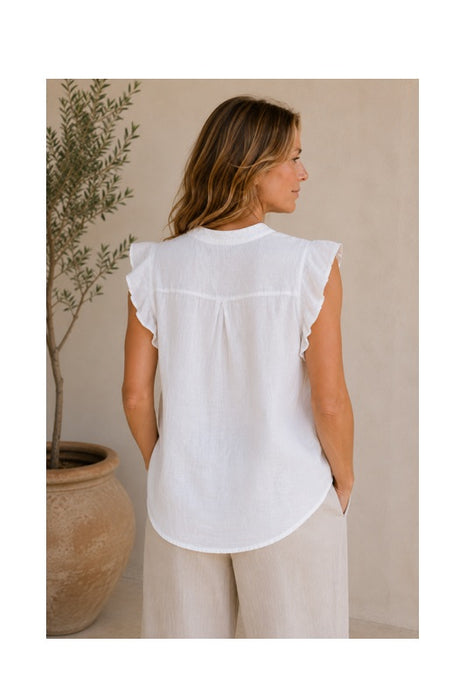 Linen Blouse Short Sleeve White - One Size