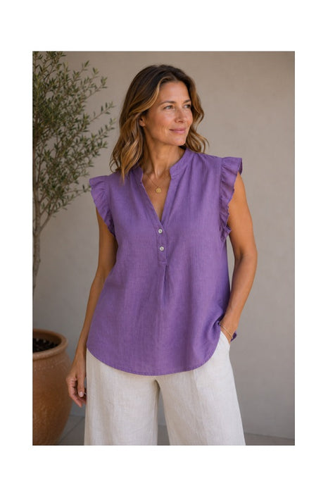 Linen Blouse Short Sleeve Purple - One Size