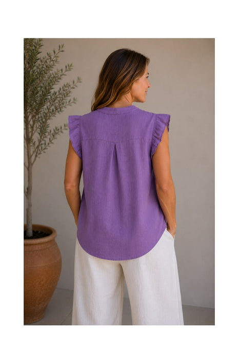 Linen Blouse Short Sleeve Purple - One Size